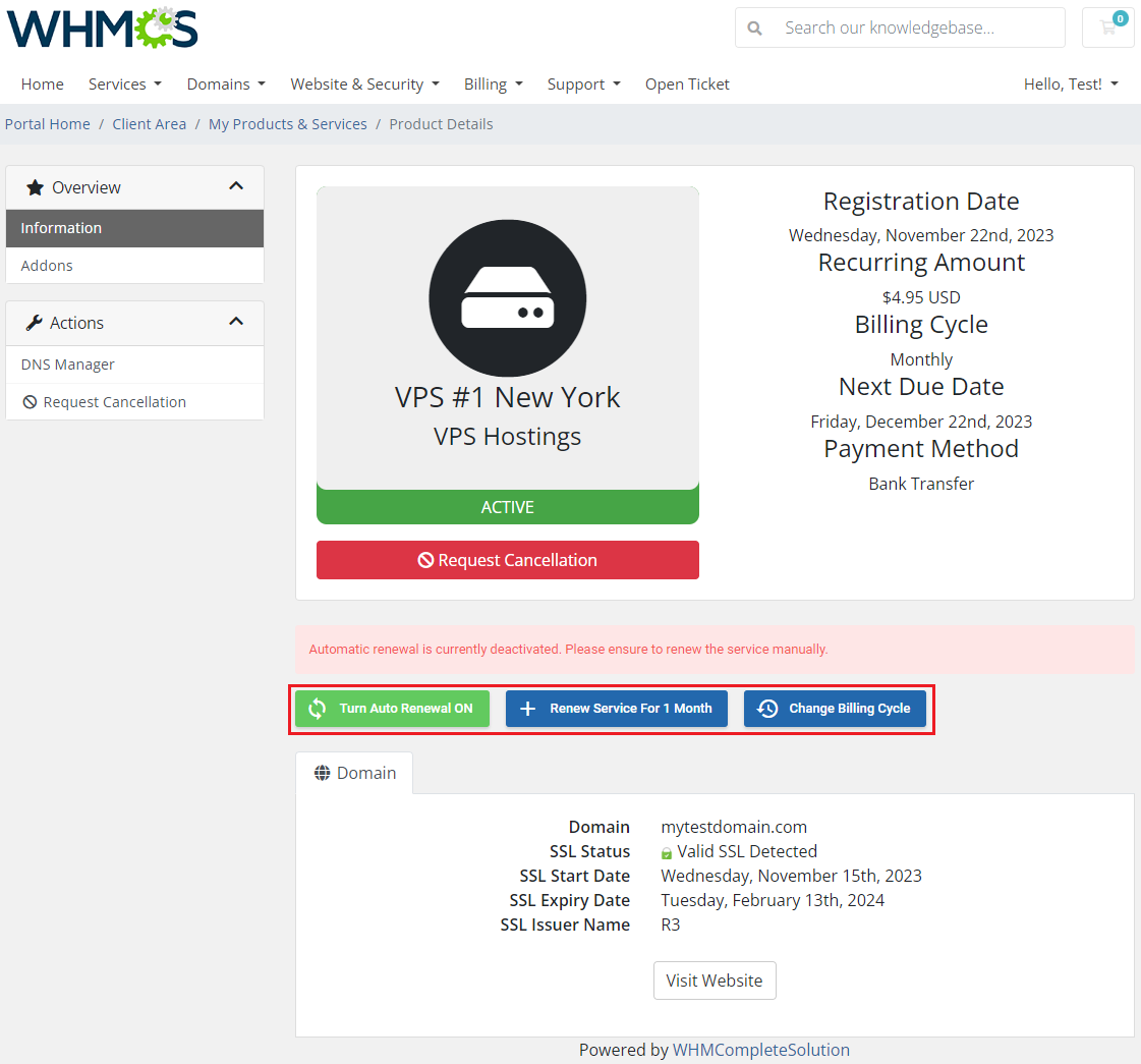Hosting Renewals For WHMCS: client area service page with auto renewal, Renew Service and Change Billing Cycle buttons