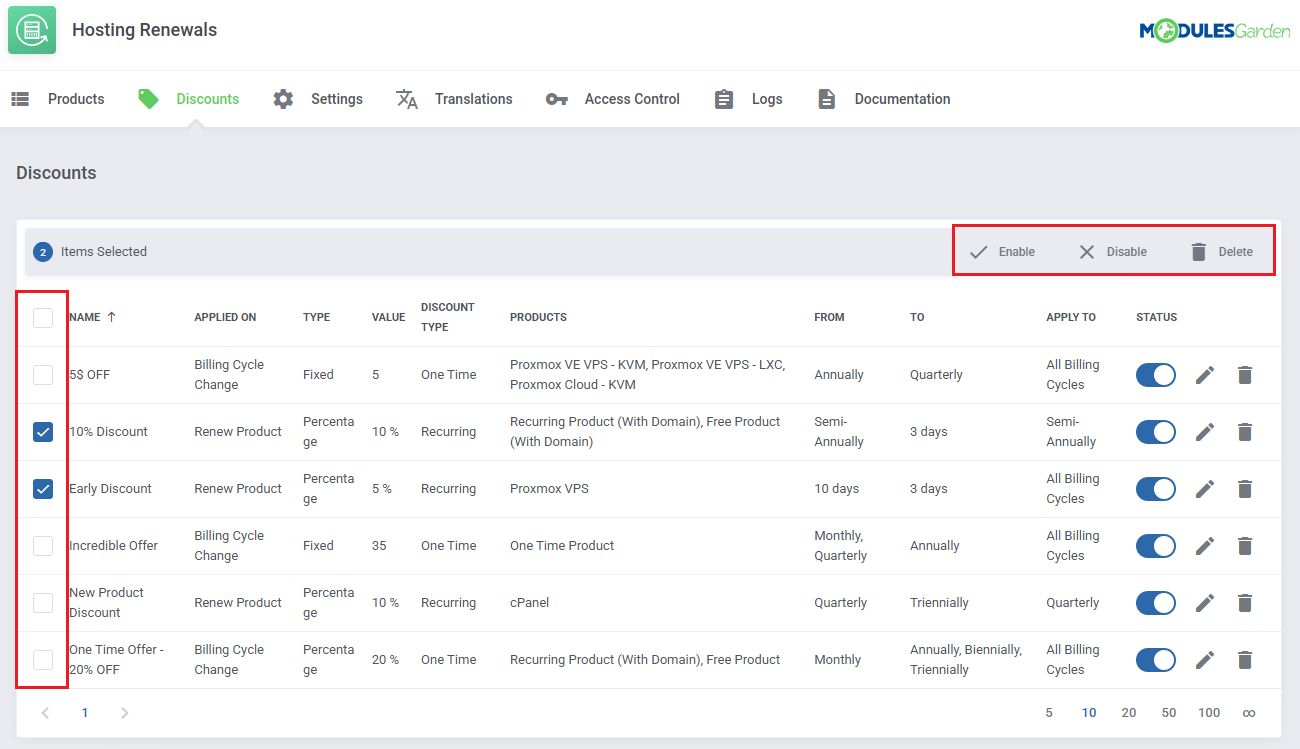 Hosting Renewals For WHMCS: Discounts table with two discounts selected and the Enable, Disable and Delete actions