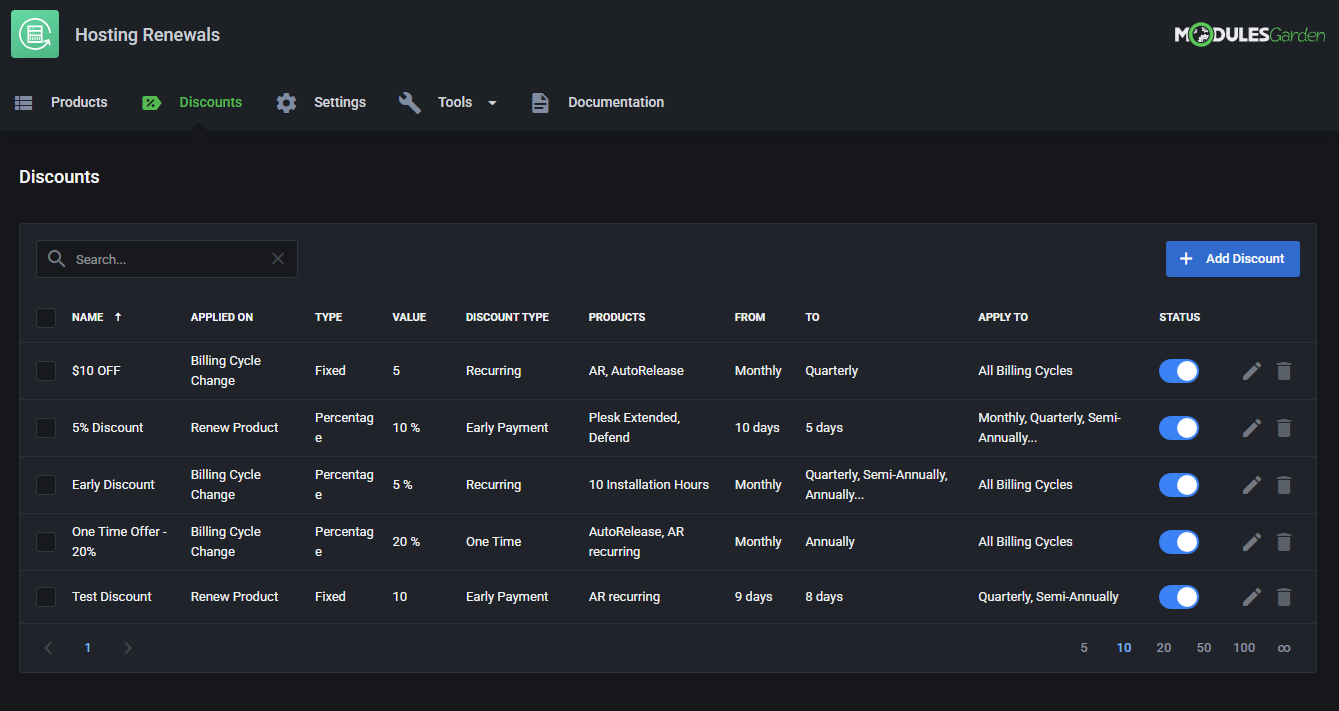 Hosting Renewals For WHMCS: Discounts tab shown in a dark custom theme applied to the module