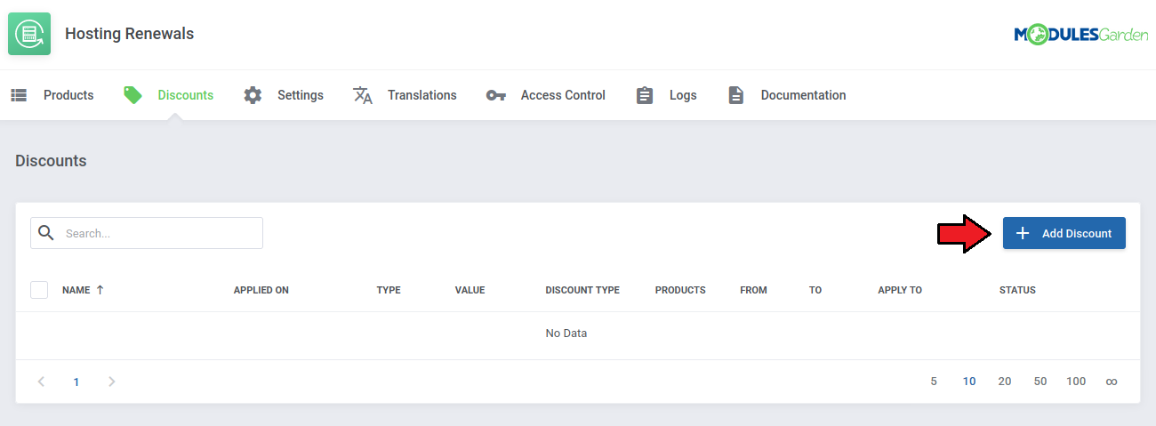 Hosting Renewals For WHMCS: Discounts tab with an empty table and the Add Discount button