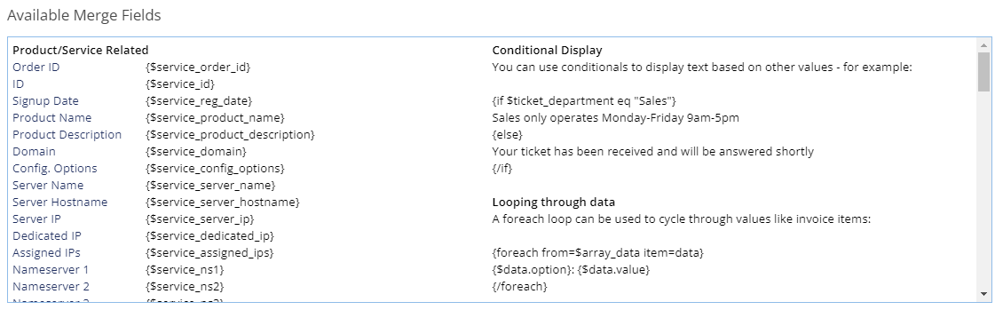 Hosting Renewals For WHMCS: list of available merge fields shown below the email template editor