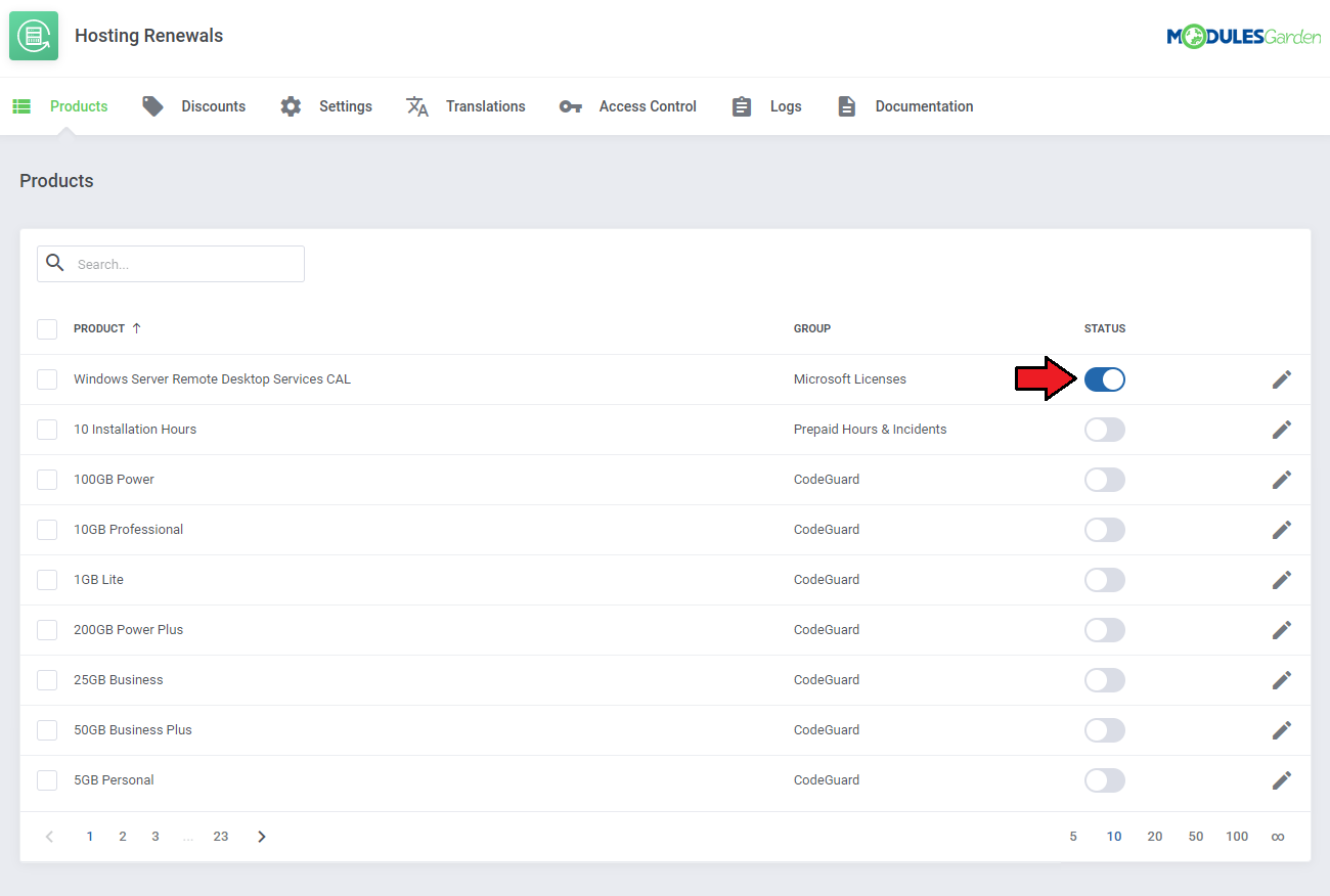 Hosting Renewals For WHMCS: Products list with the status toggle switched on for a product to enable renewals