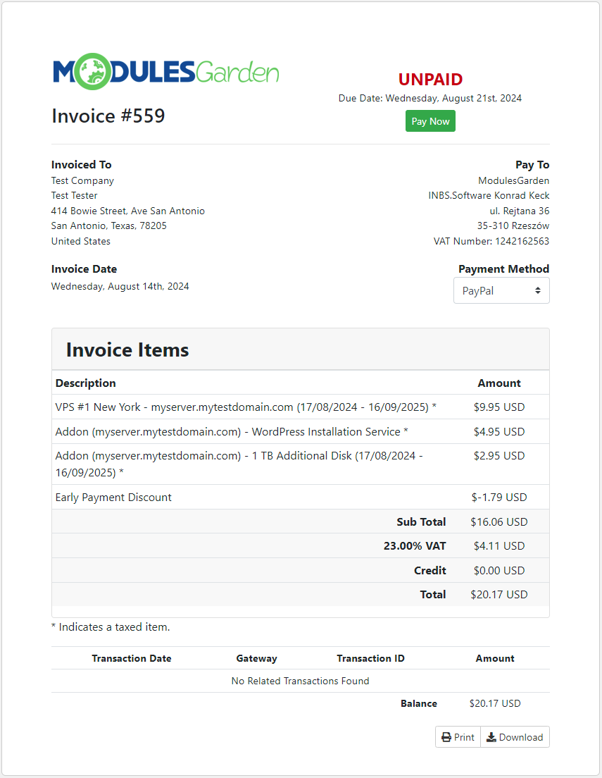 Hosting Renewals For WHMCS: unpaid invoice with three billing cycle items and an Early Payment Discount after a cycle