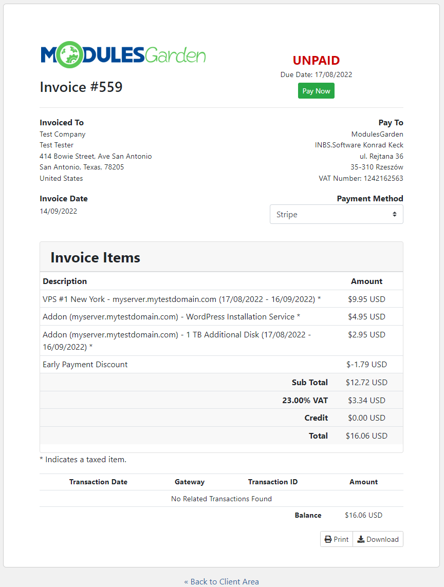 Hosting Renewals For WHMCS: unpaid invoice with an Early Payment Discount line listed under the service and addons