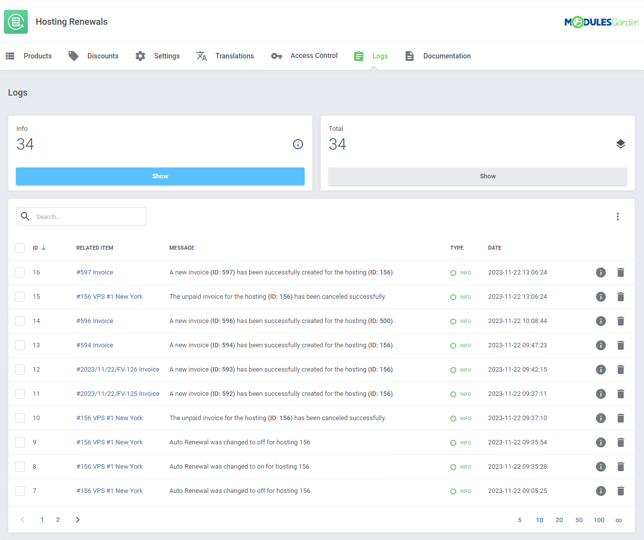 Hosting Renewals For WHMCS: Logs tab with info and total counters and a table of log entries