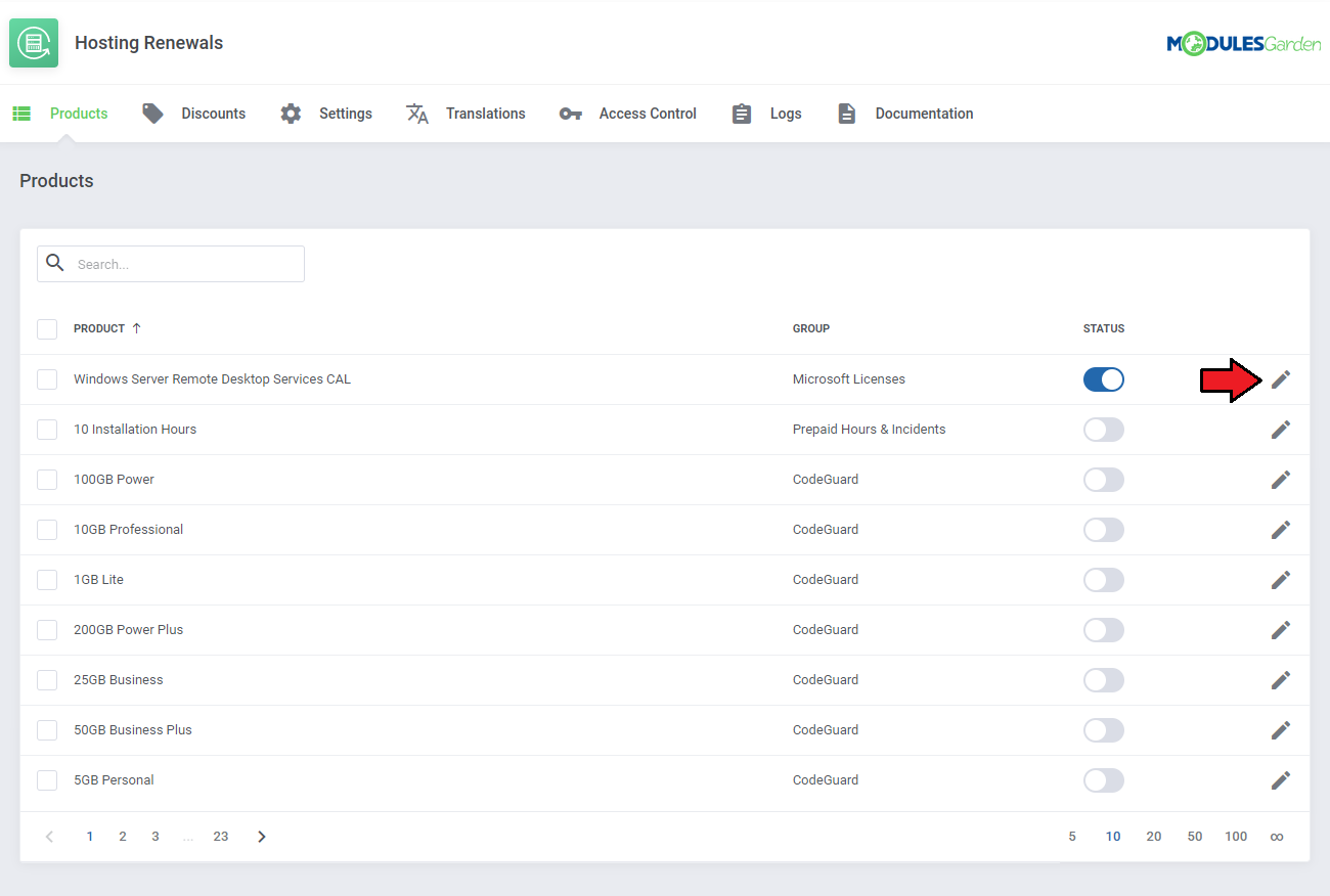 Hosting Renewals For WHMCS: Products list with the edit icon marked to open the product renewal rules