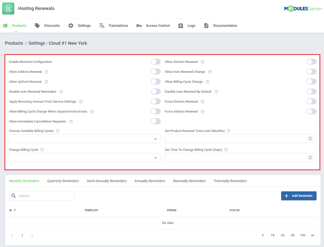 Hosting Renewals For WHMCS: product settings form with renewal toggles and billing cycle fields, all still empty