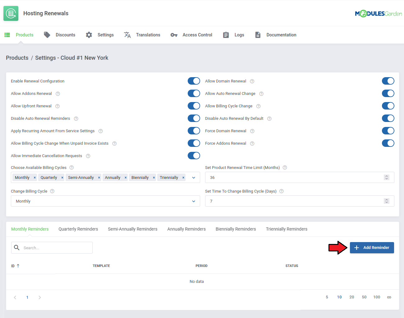 Hosting Renewals For WHMCS: product settings page with the Add Reminder button next to the reminders table