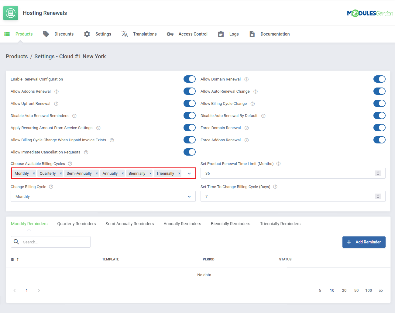Hosting Renewals For WHMCS: product settings with all billing cycles available and a 7-day cycle change time