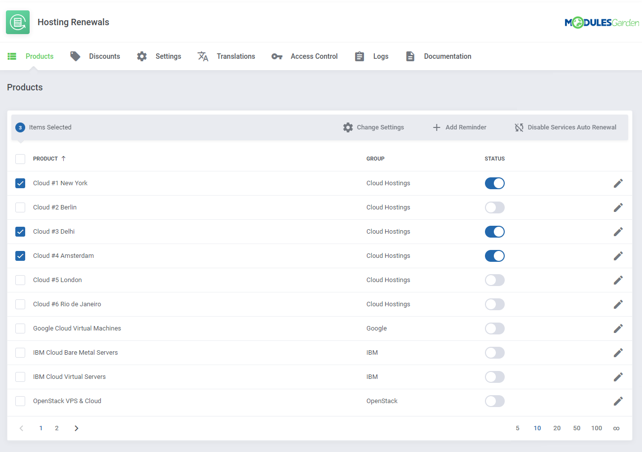 Hosting Renewals For WHMCS: Products list with three products selected and the Mass Action bar shown