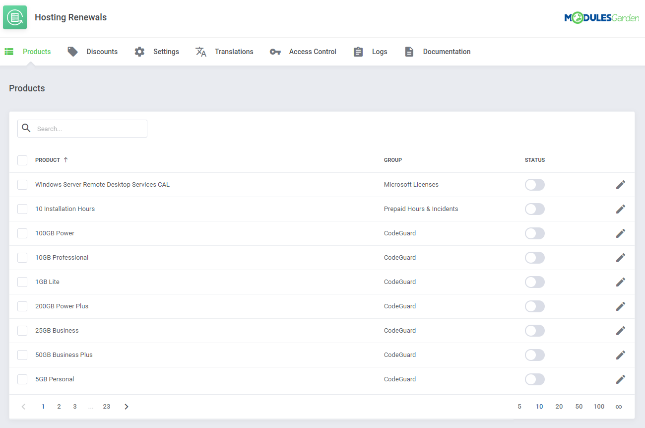 Hosting Renewals For WHMCS: module Products tab in the WHMCS admin area with the list of products and status toggles