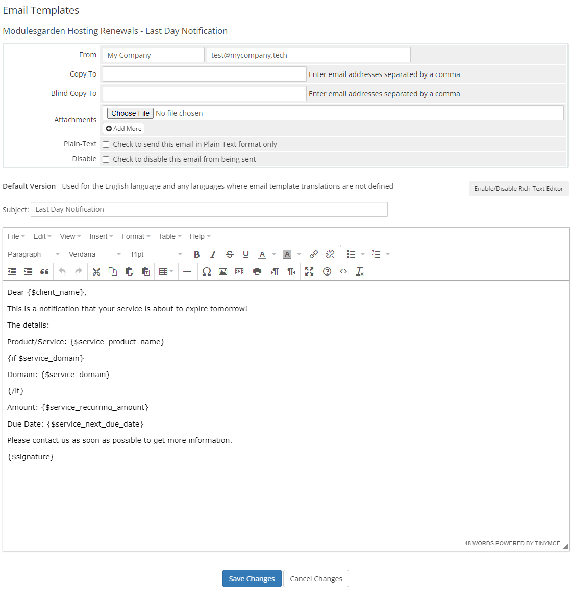 Hosting Renewals For WHMCS: WHMCS email template editor for the Last Day Notification with the Save Changes button