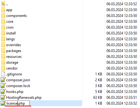 Hosting Renewals For WHMCS: module folder in a file manager with licenseRENAME.php being renamed to license.php