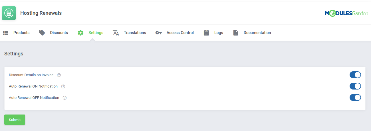 Hosting Renewals For WHMCS: module Settings tab with Discount Details on Invoice and renewal notification toggles