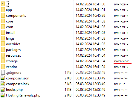 Hosting Renewals For WHMCS: storage folder in a file manager with permissions set to rwxr-xr-x