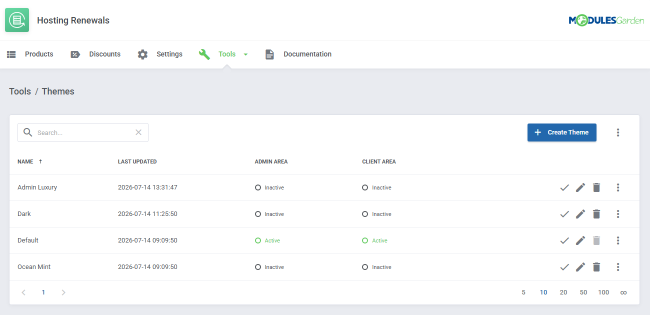 Hosting Renewals For WHMCS: Tools menu Themes page with the list of themes and the Create Theme button