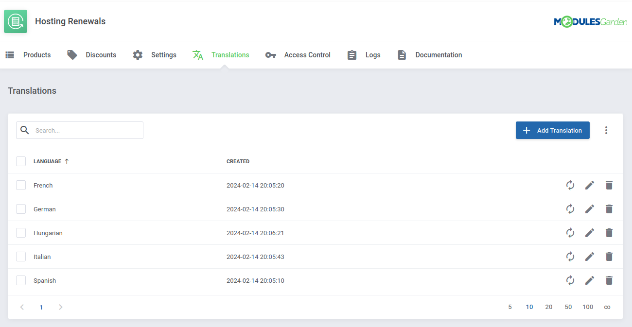 Hosting Renewals For WHMCS: Translations tab listing languages with the Add Translation button