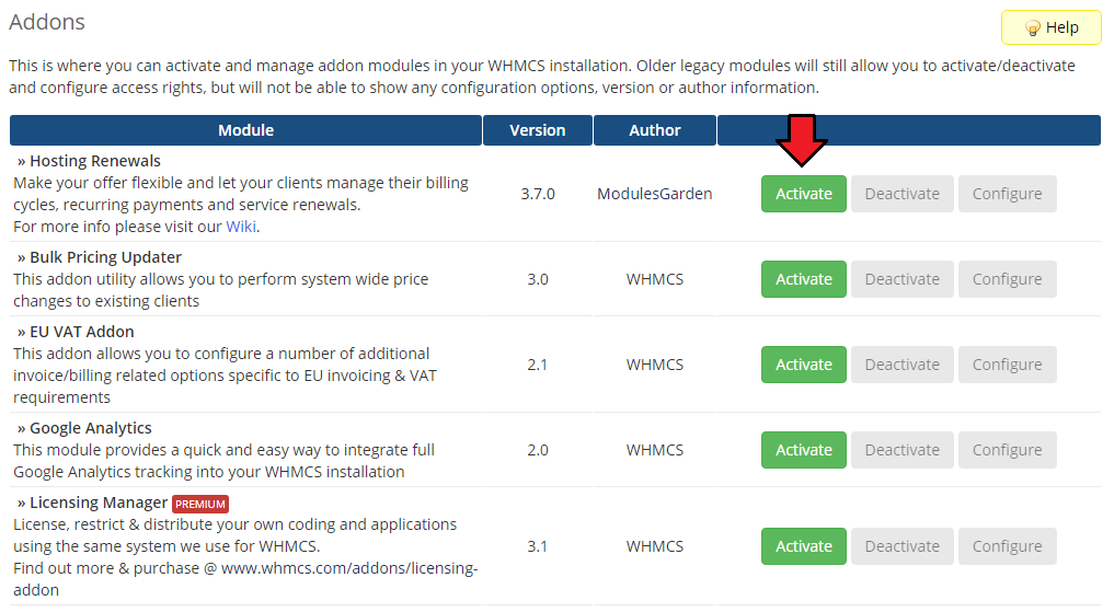 Hosting Renewals For WHMCS: WHMCS Addon Modules list with the Activate button for Hosting Renewals