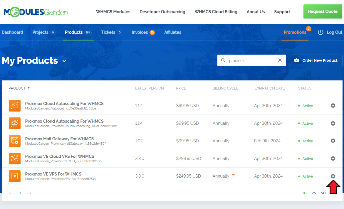 How To Upgrade WHMCS Module: client area My Products list filtered by proxmox with the settings icon marked