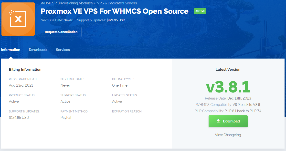 How To Upgrade WHMCS Module: open source product details page in the client area with billing information and Download