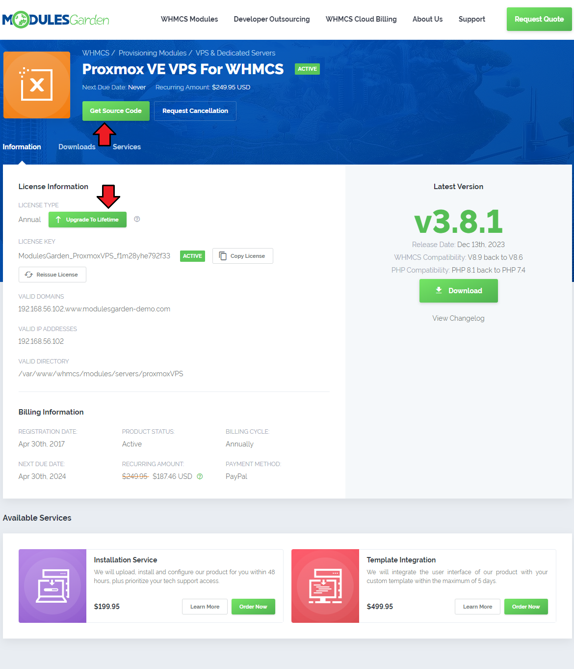 How To Upgrade WHMCS Module: product details page with the Upgrade To Lifetime and Get Source Code buttons marked