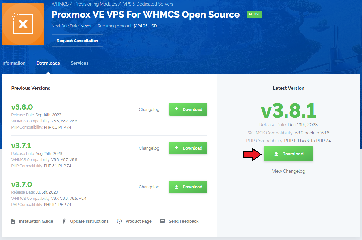 How To Upgrade WHMCS Module: Downloads tab of the open source product with the latest version Download button marked
