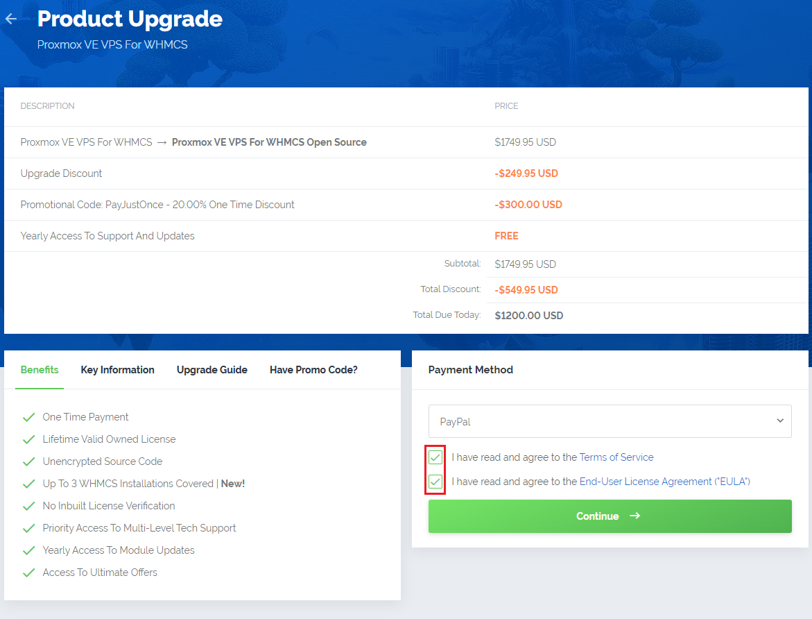 How To Upgrade WHMCS Module: Product Upgrade page with benefits, payment method and the terms checkboxes ticked