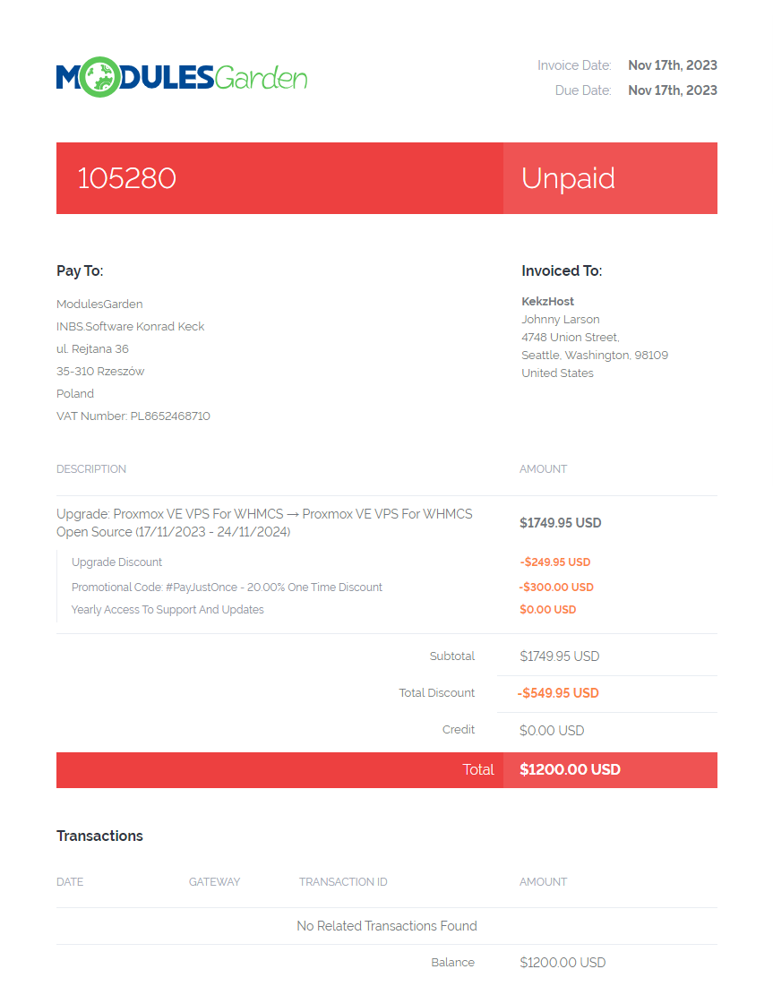 How To Upgrade WHMCS Module: unpaid upgrade invoice with price details, upgrade discount and total due