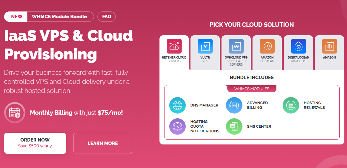 IaaS VPS And Cloud Provisioning WHMCS Module Bundle: bundle banner listing cloud providers and the included WHMCS