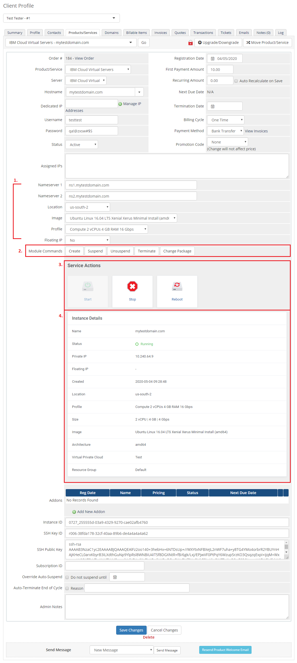IBM Cloud Virtual Servers For WHMCS: WHMCS admin product page with module commands, service actions and instance details