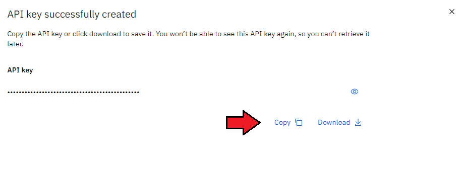 IBM Cloud Virtual Servers For WHMCS: IBM Cloud API key created dialog with the Copy and Download options