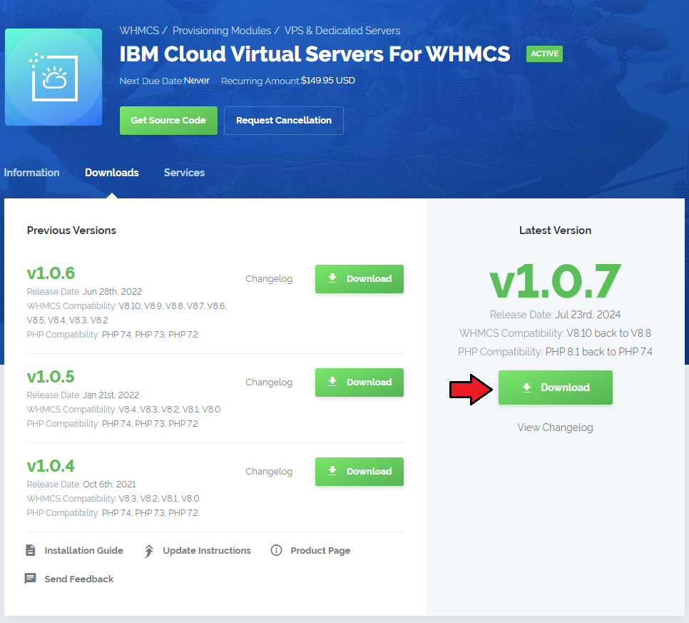 IBM Cloud Virtual Servers For WHMCS: product page in the client area with the Download button for version 1.0.7