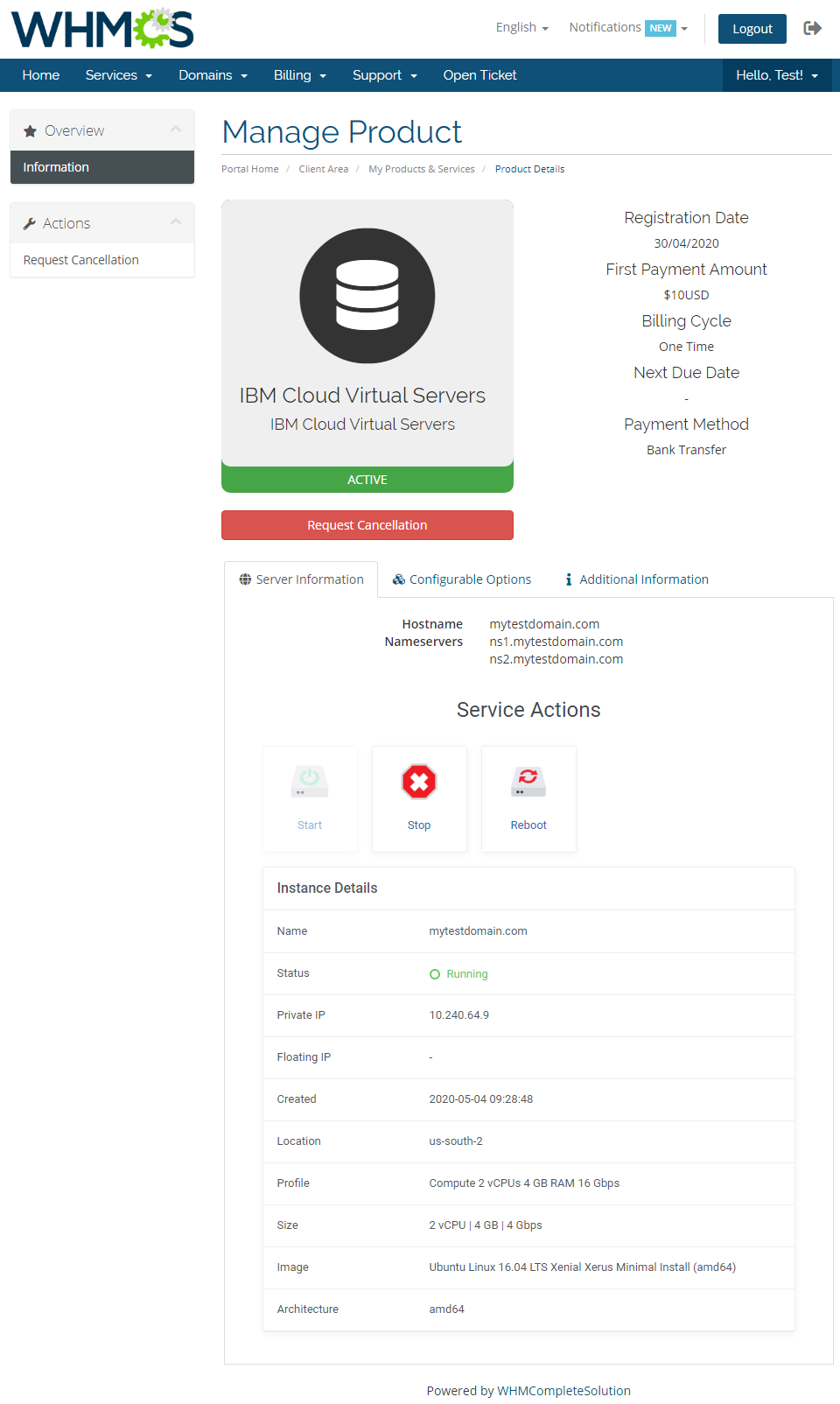 IBM Cloud Virtual Servers For WHMCS: WHMCS client area Manage Product page with Start, Stop, Reboot and instance details