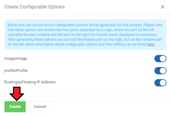 IBM Cloud Virtual Servers For WHMCS: Create Configurable Options dialog with image, profile and floating IP switches