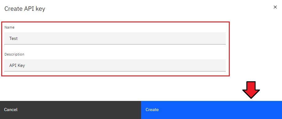 IBM Cloud Virtual Servers For WHMCS: IBM Cloud Create API key dialog with name, description and Create button