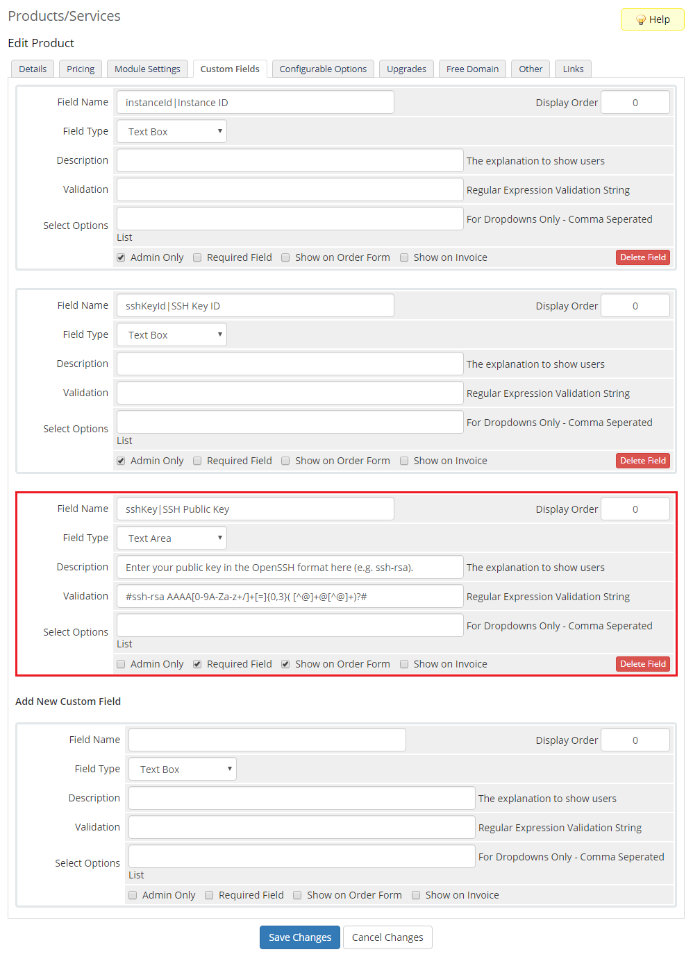 IBM Cloud Virtual Servers For WHMCS: WHMCS product Custom Fields tab with the SSH Public Key field and validation regex
