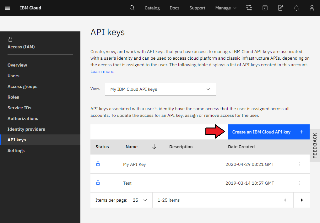 IBM Cloud Virtual Servers For WHMCS: IBM Cloud API keys page with the Create an IBM Cloud API key button
