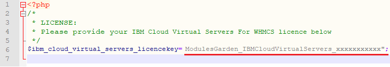 IBM Cloud Virtual Servers For WHMCS: license.php file open in an editor with the license key line highlighted