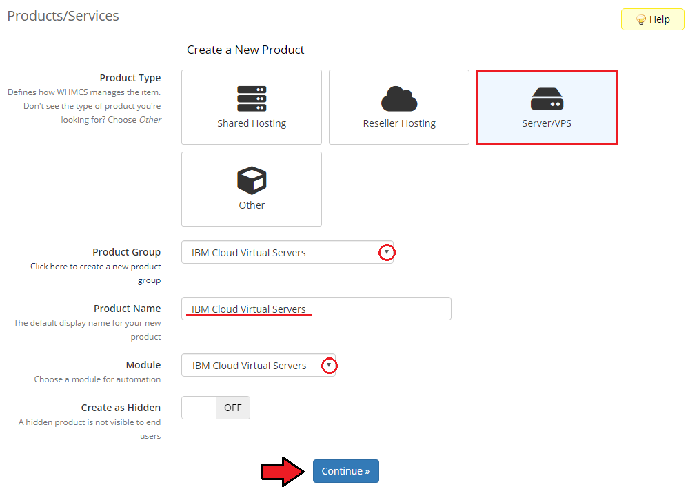 IBM Cloud Virtual Servers For WHMCS: WHMCS Create a New Product form with Server/VPS type, group, name and module
