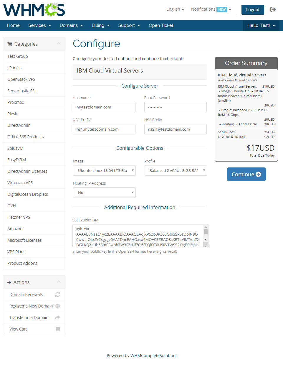 IBM Cloud Virtual Servers For WHMCS: WHMCS order form with configurable options and the SSH Public Key field
