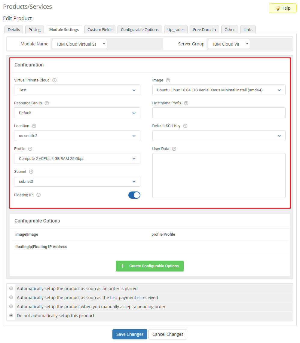 IBM Cloud Virtual Servers For WHMCS: Module Settings tab with the Configuration section for VPC, location, profile and