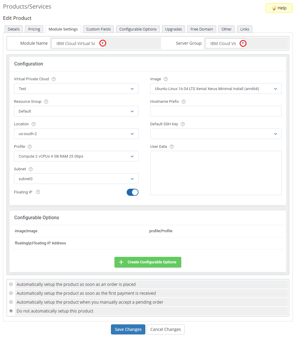 IBM Cloud Virtual Servers For WHMCS: WHMCS product Module Settings tab with module and server group dropdowns
