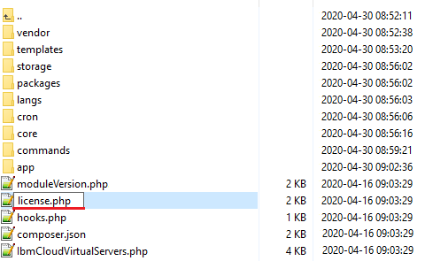 IBM Cloud Virtual Servers For WHMCS: module files list with license.php highlighted after renaming