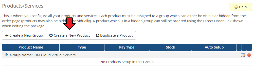 IBM Cloud Virtual Servers For WHMCS: WHMCS Products/Services page with the Create a New Product button