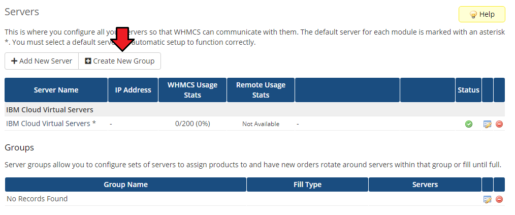 IBM Cloud Virtual Servers For WHMCS: WHMCS Servers list with the new server and the Create New Group button