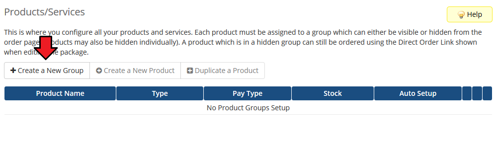 IBM Cloud Virtual Servers For WHMCS: WHMCS Products/Services page with the Create a New Group button