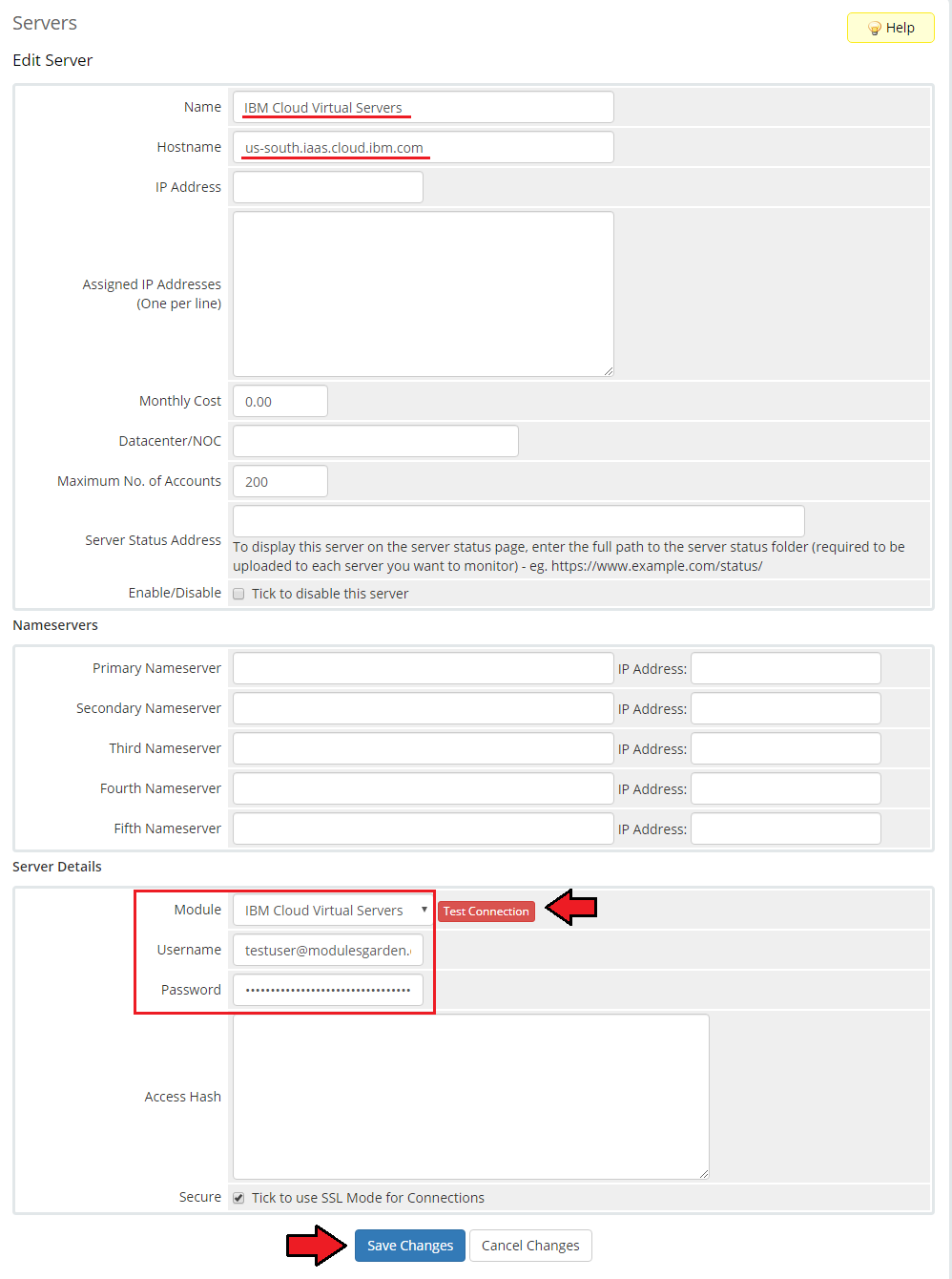 IBM Cloud Virtual Servers For WHMCS: WHMCS Edit Server form with module, username, password and Test Connection