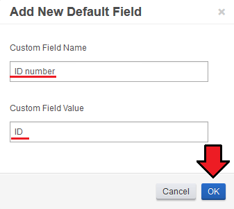 IP Manager 2.5.X For WHMCS: Add New Default Field dialog with custom field name and value entered and the OK button