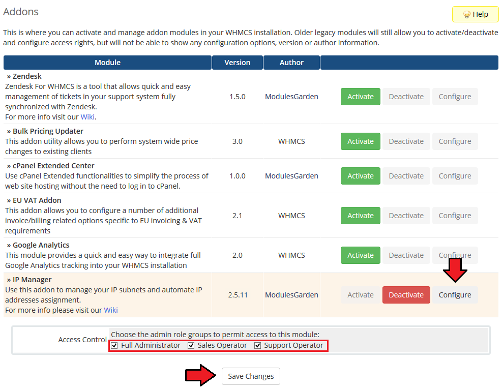 IP Manager 2.5.X For WHMCS: WHMCS Addon Modules with the Configure button and admin role access control checkboxes