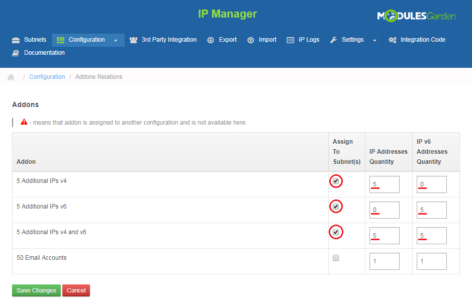 IP Manager 2.5.X For WHMCS: Addons Relations page with checked addons, IPv4 and IPv6 quantities and Save Changes